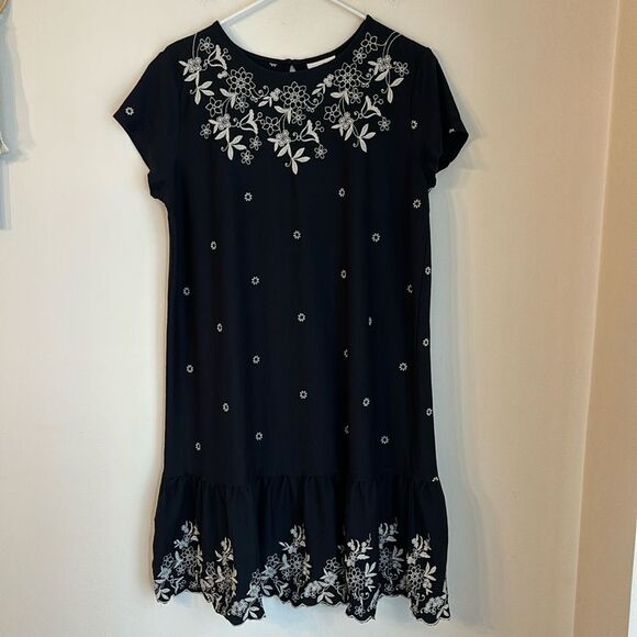 J. Jill Women’s The Date-Night Dress navy embroiderer short sleeve size med EUC - Picture 1 of 12